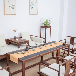 新中式罗汉床火烧石茶桌椅组合黑胡桃木实木禅意榆木茶楼茶室家具