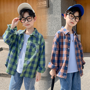 男童格子衬衫长袖春秋款韩版中大童洋气时髦儿童薄款秋装衬衣加绒
