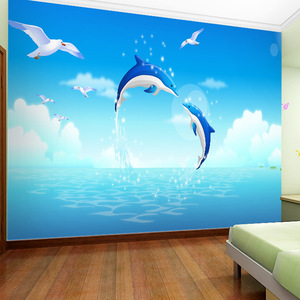 蓝色海底世界海豚大型3d墙纸壁画男孩女孩 卧室背景无缝壁纸儿童