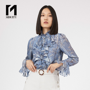 misuity米休缇2020秋季新款原创设计蓝花褶皱领荷叶袖桑蚕丝衬衫