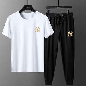 lv kingly夏季青年男士运动套装冰丝短袖t恤休闲长裤两件套大码一
