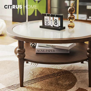美式复古圆形实木玻璃茶几电视柜组合现代简约轻奢小户型客厅茶桌