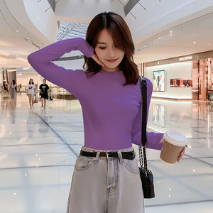 紫色t恤女搭配牛仔裤秋冬漂亮长袖修身小高领上衣气质纯棉打底衫