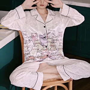 苏米金丝绒薄绒睡衣秋冬女新款卡通可爱韩版长袖休闲家居服套装