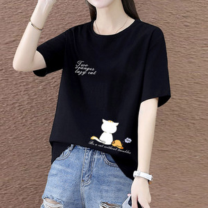 黑色纯棉短袖T恤女大码2024夏季新款宽松时尚减龄圆领体恤衫上衣