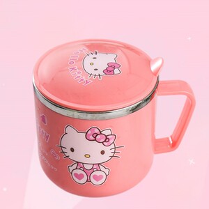 hallo kitty把手杯可爱带盖粉色不锈钢儿童女饮水杯凯蒂猫牛奶杯