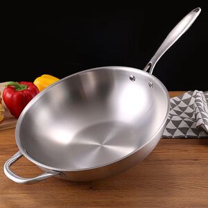宏利304不锈钢通用不粘锅炒锅家用无涂层少油烟炒菜锅带盖锅具