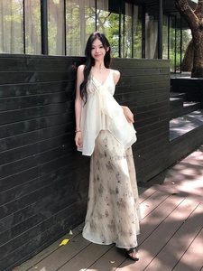 XMY/仙梦云 纯欲风高级感独特白色吊带女夏季御姐水墨半身裙套装