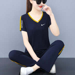 耐克顿纯棉运动套装女夏季2022新款休闲服短袖长裤时尚潮流两件套