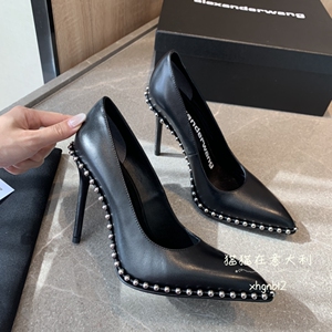 alexander wang/亚历山大王22春夏尖头水钻浅口珠链高跟单鞋