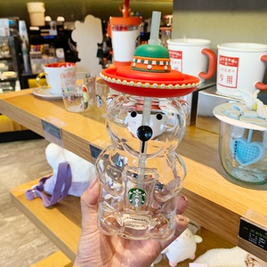 星巴克2020拉美风格小熊吸管杯创意动物造型玻璃杯大容量水杯带盖
