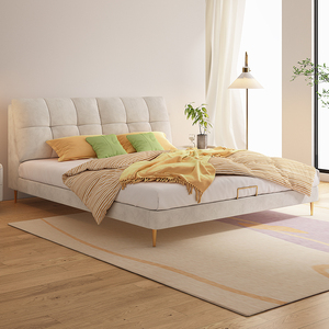 wufu北欧现代简约科技绒布艺床大软包奶油风网红轻奢双人主卧布床