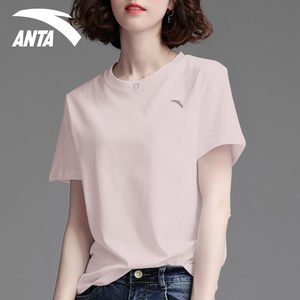 安踏T恤女夏季弹力宽松粉色薄款冰丝速干短袖休闲透气跑步运动服