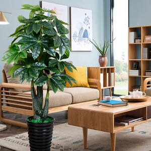 客厅电视柜两边背景墙旁边的仿真绿植落地盆栽地上放的装饰盆景花