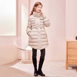 郁香菲2021冬新款简约立领90白鹅绒收腰中长款羽绒服女加厚外套