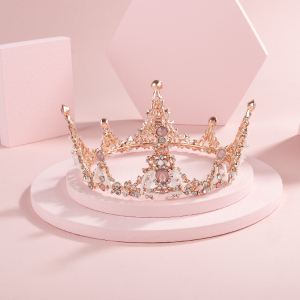 皇冠头饰儿童公主圆形王冠水晶礼服黄冠女童生日韩式超仙女孩粉色