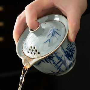哥窑茶壶单个手抓壶家用盖碗茶杯陶瓷青花瓷不烫手功夫茶具泡茶器