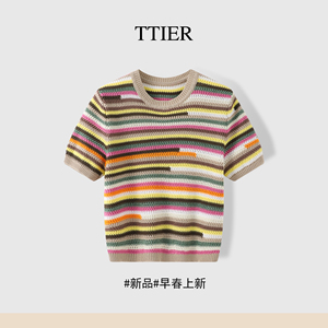 【TTIER】『亚麻彩纱』色织条纹编织感圆领针织T恤