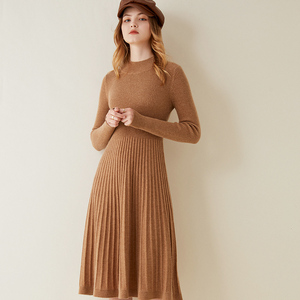 秋冬新款羊绒针织连衣裙女半高领修身毛衣裙中长款过膝打底羊毛裙