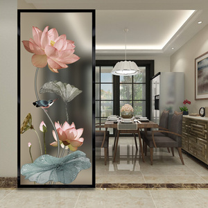 艺术玻璃屏风客厅玄关卧室厕所隔断遮挡双面磨砂透光新中式荷花图