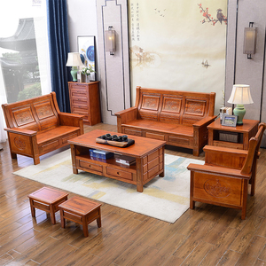 客厅仿古香樟木全实木沙发组合农村经济型冬夏两用雕花带转角沙发