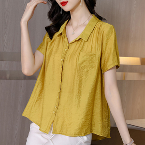 黄色棉麻短袖衬衫2024新款女夏季宽松休闲上衣高端薄款气质衬衣