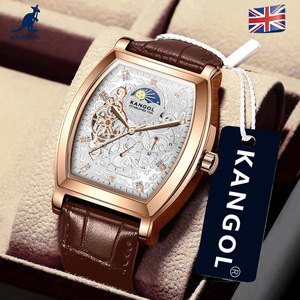 英国kangol袋鼠机械手表酒桶方形月相镂空日月星辰防水宝格欧k501