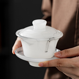 白玉琉璃三才盖碗茶杯单个家用高端玉瓷功夫茶具泡茶器防烫敬茶碗