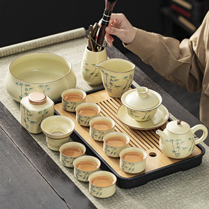 米黄汝窑功夫茶具套装家用高档盖碗茶壶茶杯茶盘办公室喝茶泡茶器