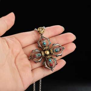 吉祥藏式民族纯铜花丝十字杵彩绘镶珠降魔杵吊坠挂件配饰项链