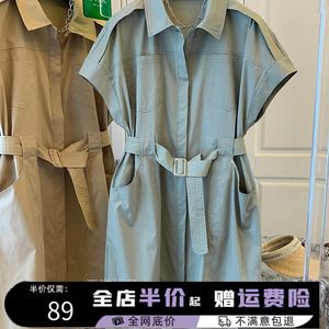 一线品牌折扣商场撤柜女装剪标夏季气质工装腰带拼接中长款连衣裙