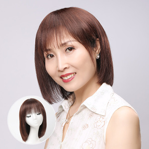 假发女手织真发中长发全头套法式空气刘海齐肩时尚波波头真发发套