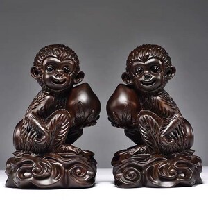 黑檀木雕刻猴子一对摆件十二生肖实木猴家居装饰送礼红木工艺品
