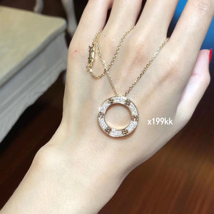 18k玫瑰金欧美卡地亚风love系列圆饼双环钉子大饼项链女满钻