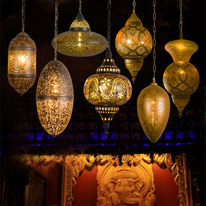 镂空吊灯复古铁艺工业风单头金色雕刻装饰新疆风格餐厅吊灯饭店灯