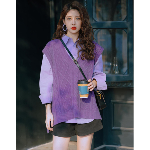 紫色打底衬衫女秋冬2022新款设计感小众衬衣搭配马甲叠穿两件套装