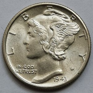 善雅古行美国 1943 墨丘利小飞人银币 10美分 912