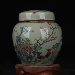 雍正御制宫廷茶膏款m粉彩描金花鸟纹内装普洱茶小茶叶罐 仿古瓷器