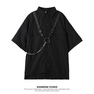 ANAMONE 黑色潮酷衬衫女夏季新款宽松短袖设计感工装链条长款上衣