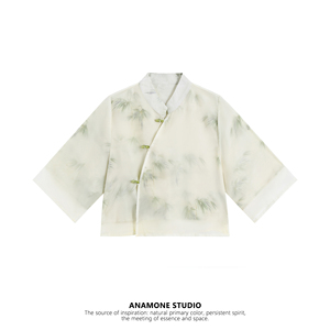 ANAMONE 新中式水墨衬衫女夏季中国风复古文艺盘扣古风设计感上衣