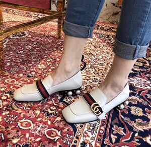 gucci古奇女士珍珠双g皮革中跟乐福鞋气质休闲单鞋