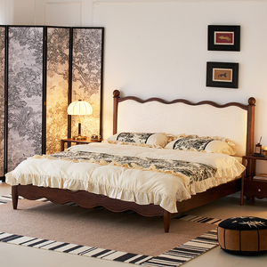 约威胡桃木全实木双人床法式复古风轻奢家具主卧婚床卧室