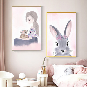 粉色女孩房间装饰画卡通兔子可爱少女心挂画公主儿童房背景墙壁画