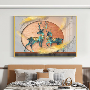 金色麋鹿装饰画招财福鹿发财鹿挂画主卧室客卧床头壁画客餐厅墙画