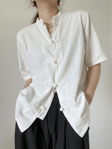 新中式女装复古盘扣对襟棉麻上衣中国风衬衫女式外套白色禅修服夏