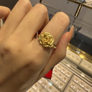 香港999足金玫瑰花黄金戒指3d硬金活口素圈指环订婚戒母亲节礼物