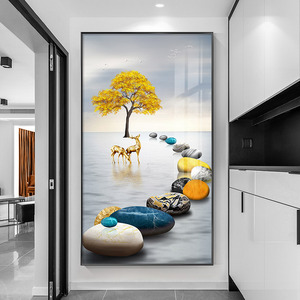 入户玄关装饰画现代简约轻奢竖版画走廊过道尽头壁画进门客厅挂画