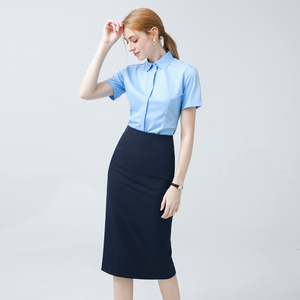 职业装套装女夏季薄款短袖公务员面试蓝色衬衫正装包臀裙工作衬衣