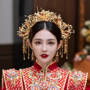 中式金色凤冠前后冠流苏大气古典古风结婚发饰秀禾服饰品新娘头饰