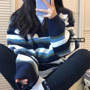 seoul鬼马少女韩系定制秋冬新款慵懒风毛衣女厚实宽松条纹针织衫